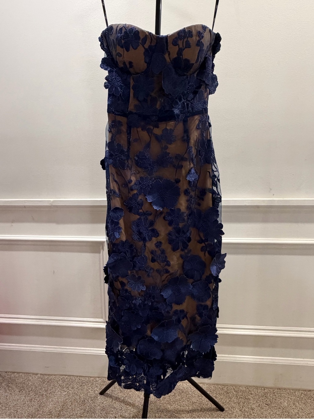 Mew Mews Strapless Navy Floral Appliqué Dress